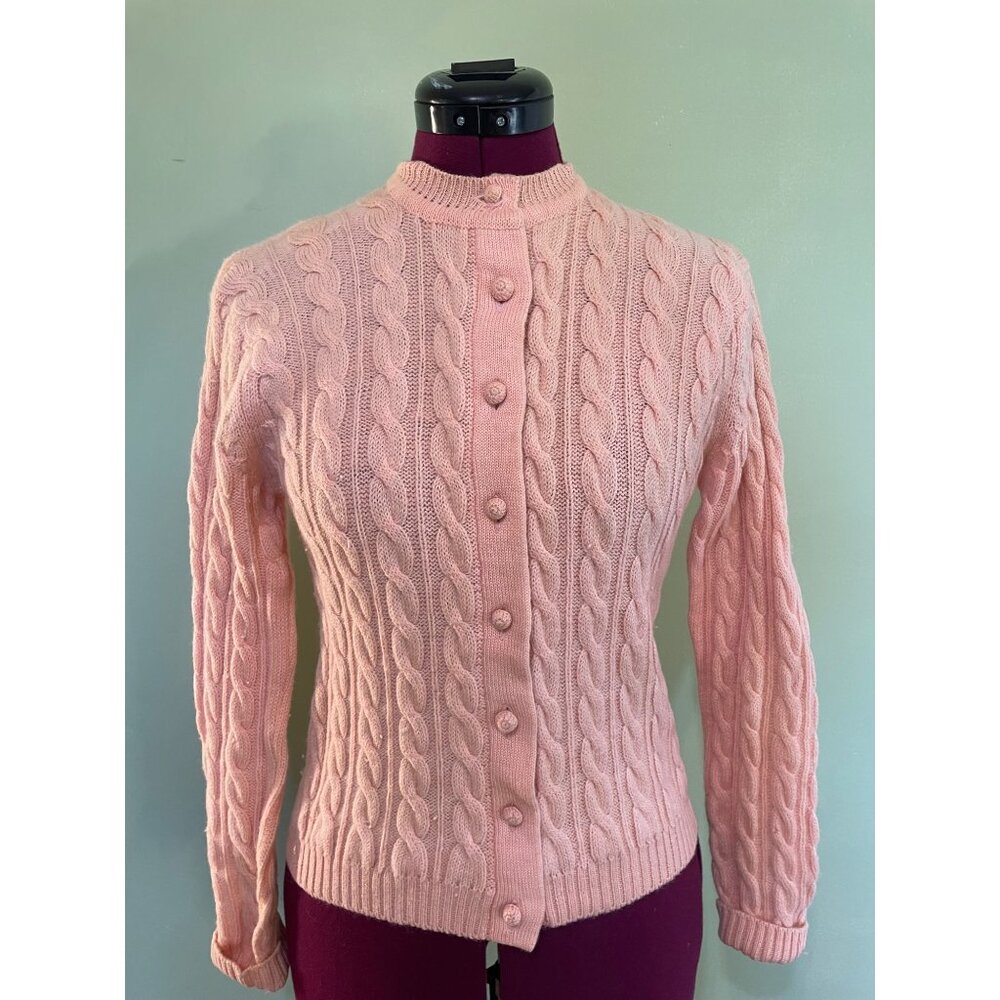 Vintage 50's Womens Peach Sears Virgin Wool Cable Knit Cardigan Sz Small